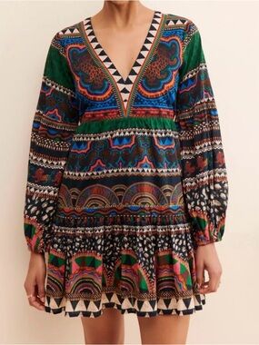 Anthropologie FARM Rio Label Dress in Black with Rainbow Logo size M